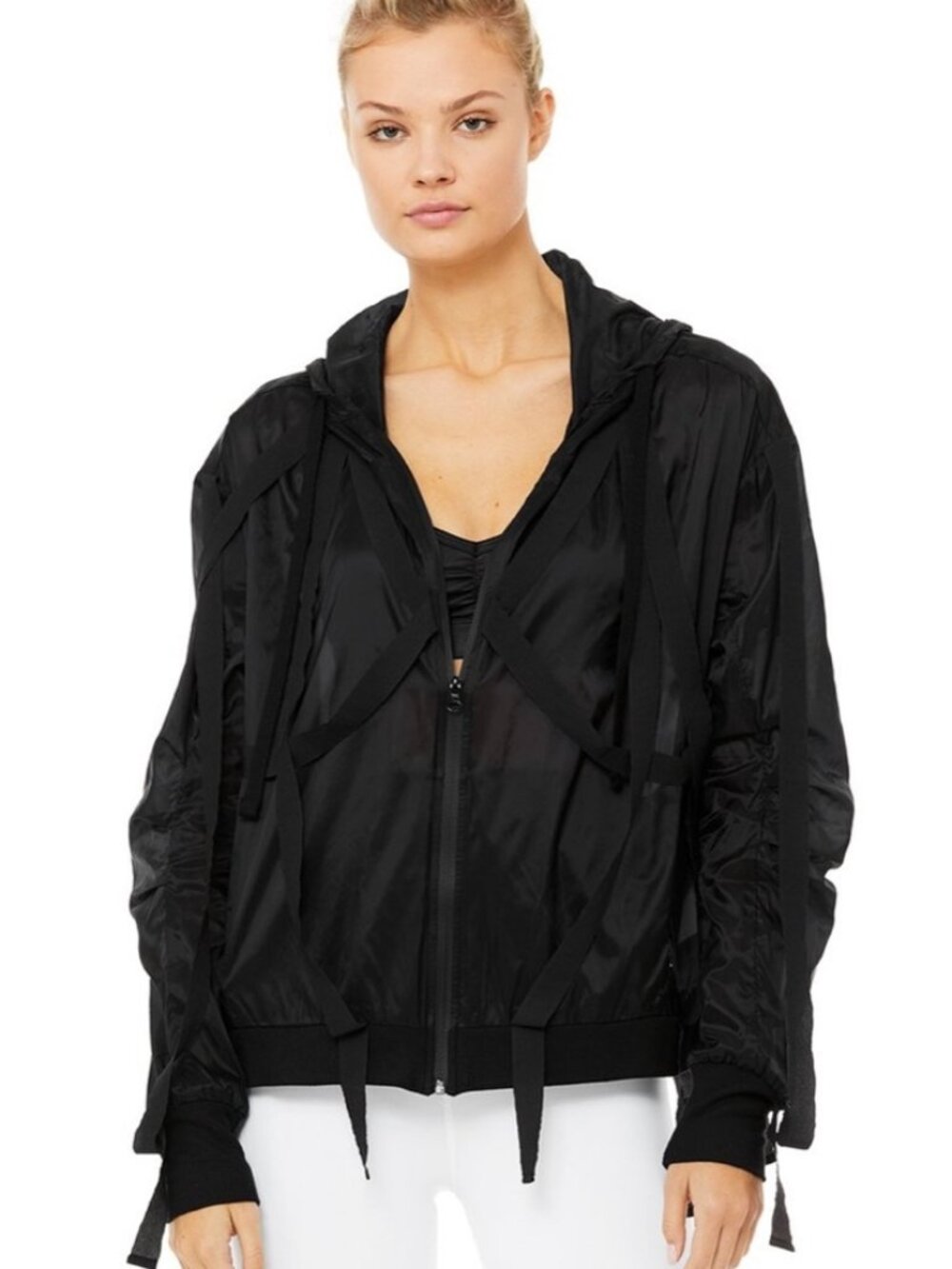 Alo Yoga Womens XS Full Zip Sway Hoodie Jacket Black Bondage Strap Detail